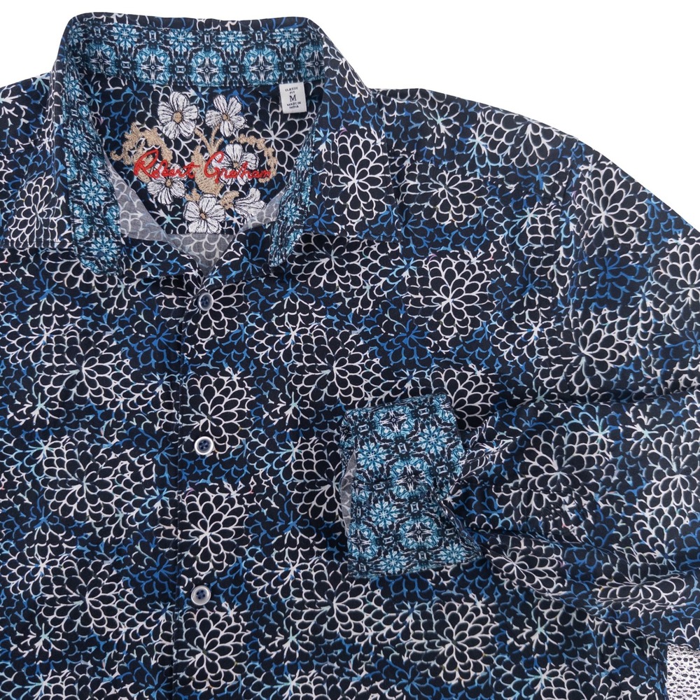 Robert Graham‎ Mens Med Baltic Shirt Geometric Floral Flip Cuff Shirt Button Up